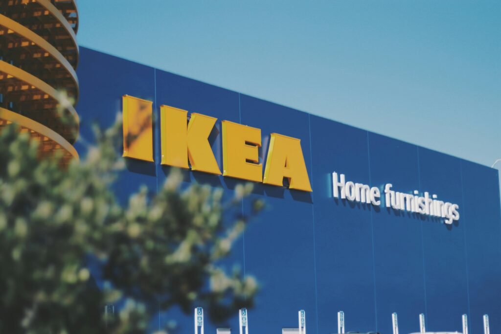 Beautiful image of a blue IKEA storefront with visible home furnishings sign.