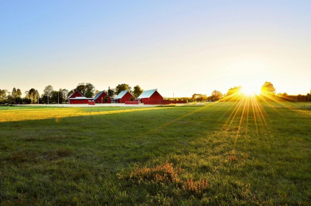 Beautiful sunset over a rural farm in Sweden